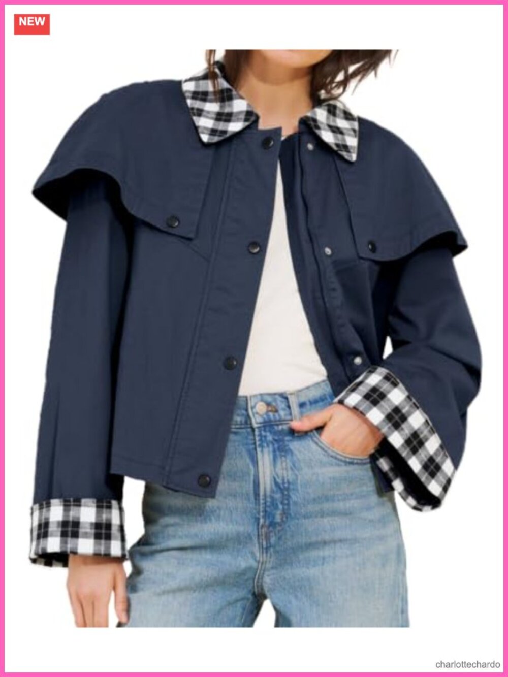 Women's Cropped Trench Coat Lightweight Cape Jacket Gingham Trim